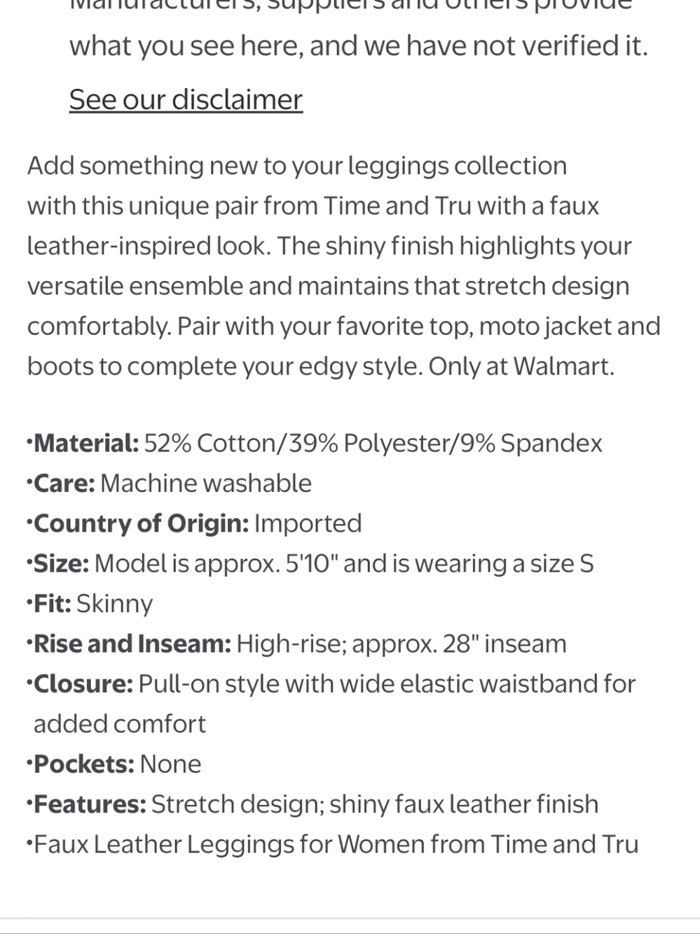 Time and Tru Women's Faux Leather Leggings, Full Length Black - Picture 6 of 8